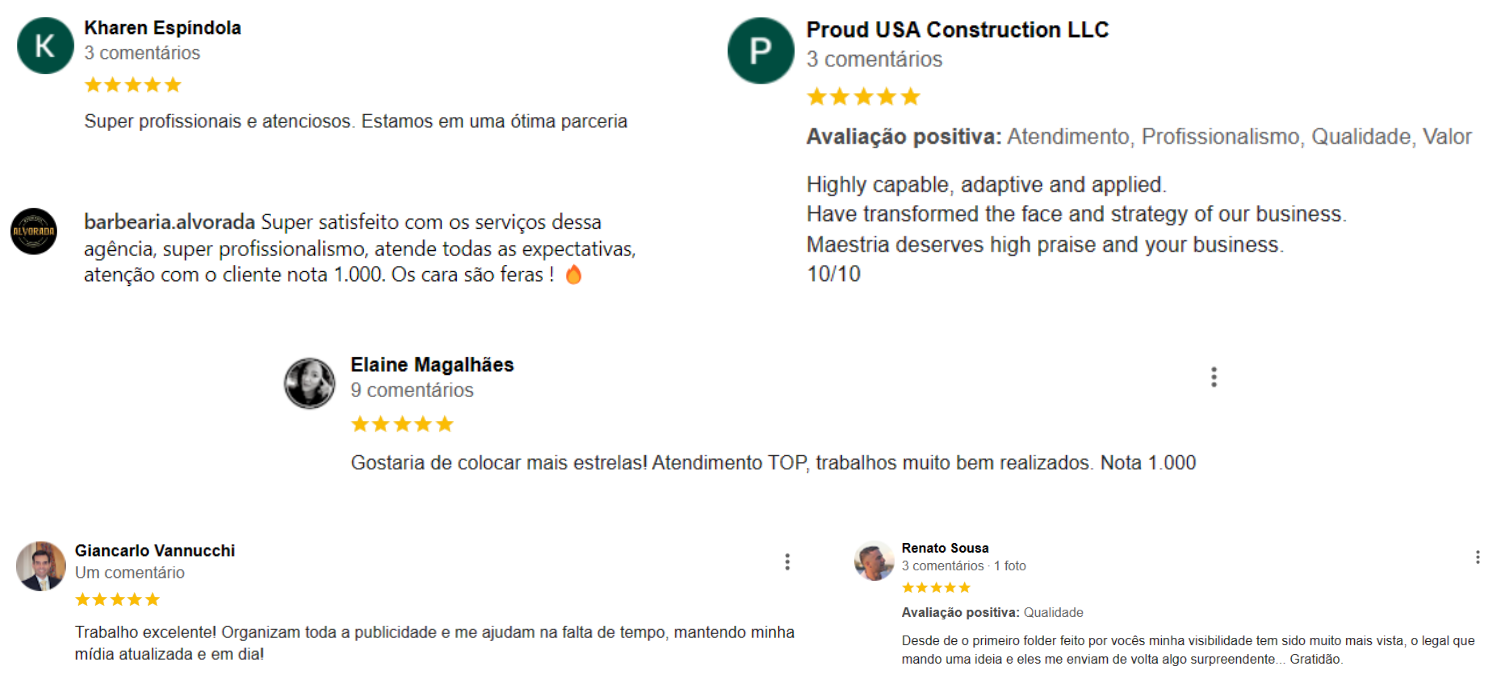 Depoimentos reais de clientes da Maestria Marketing no Google 1